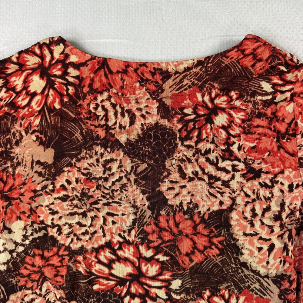 Chico's Travelers Womens Floral Top Size 3 XL 3/4 Sleeve Brown Coral Knit Blouse - Picture 7 of 9